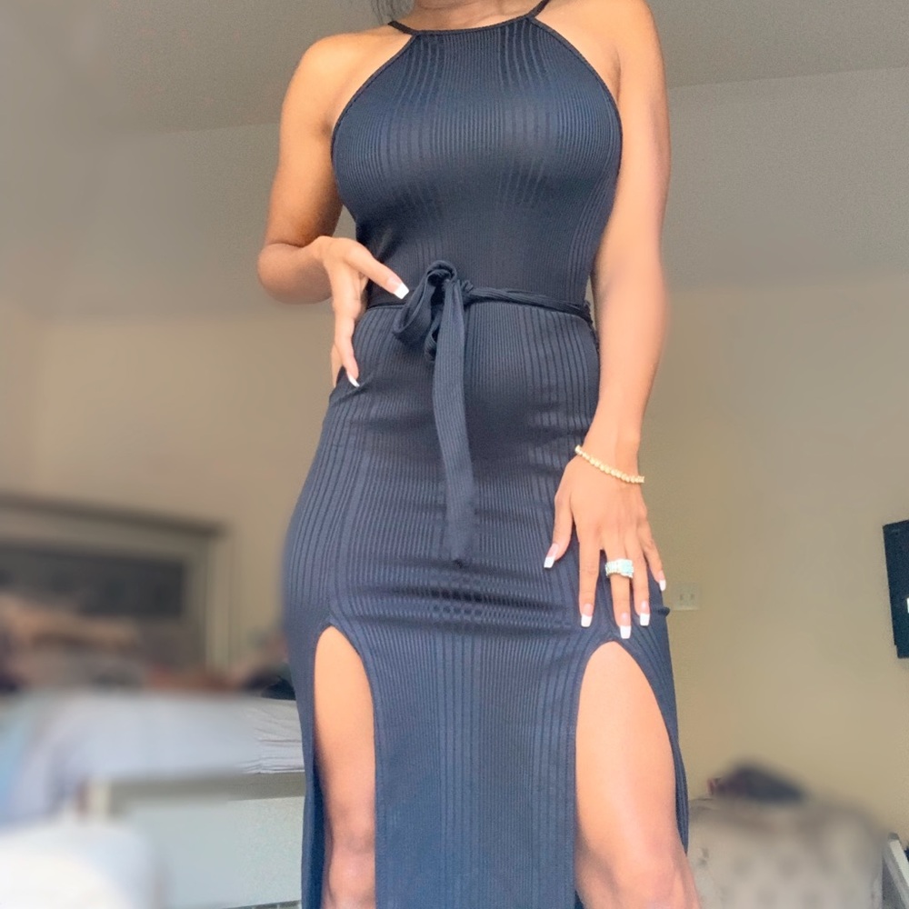 Black Tie Wrap Midi Dress with Slits